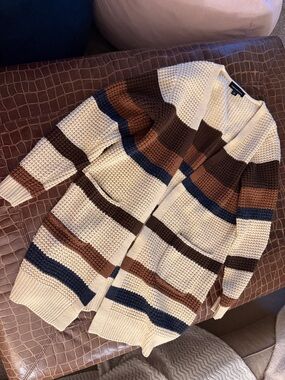 Open-Front Stripe Cardigan Sweater - Cream, Brown & Navy